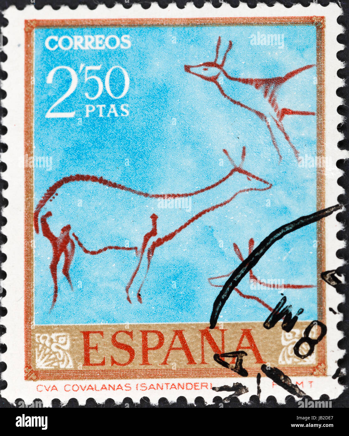 SPAIN - CIRCA 1967: A postage stamp printed in the Spain rock paintings in the Covalanas caves of Spain , circa 1967 Stock Photo