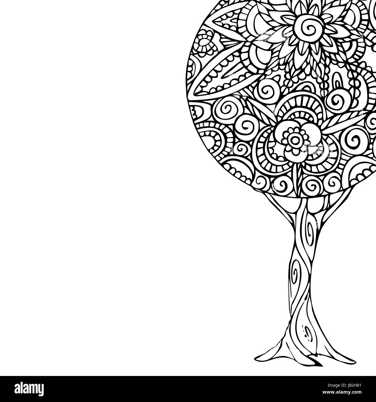 Tree illustration with black and white mandala design, hand drawn floral decoration in traditional ethnic style. EPS10 vector. Stock Vector