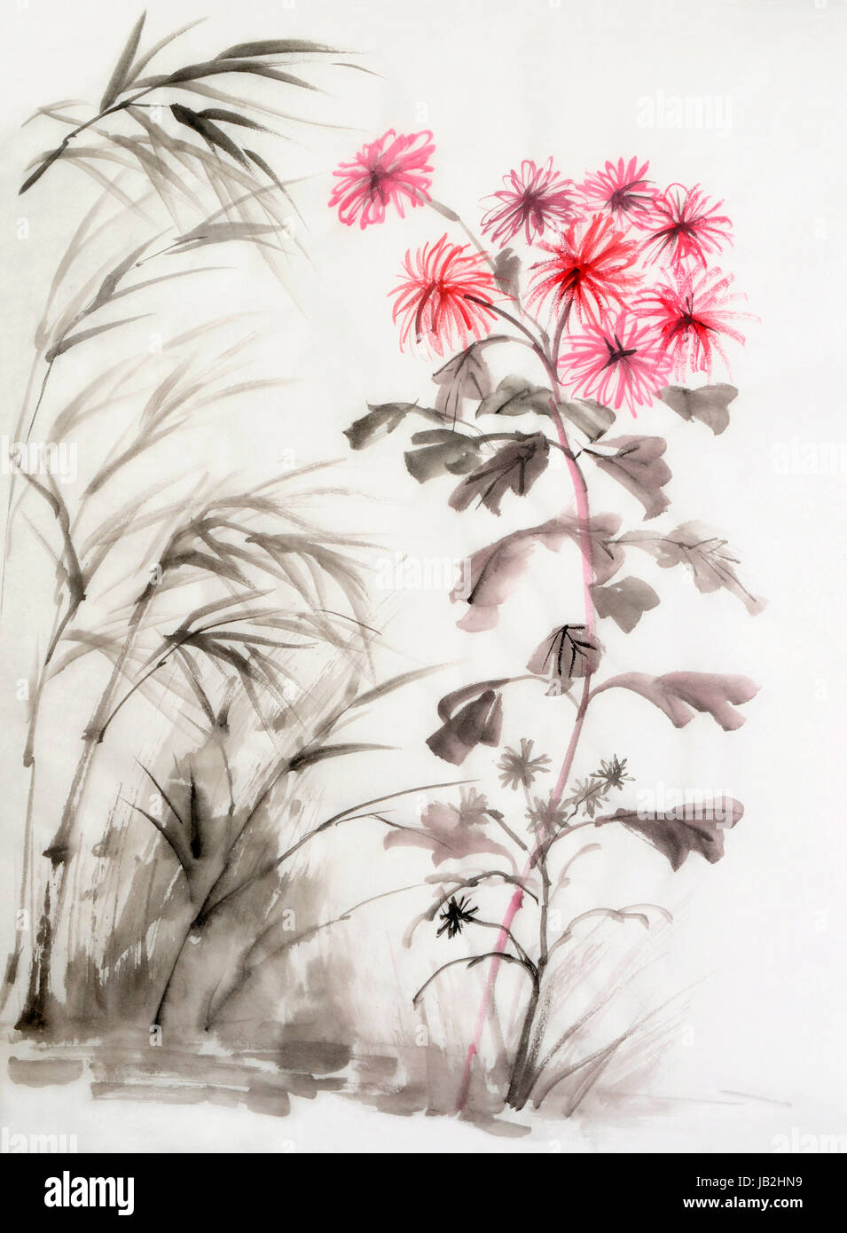 Watercolor painting of Chrysanthemum flower and bamboo. Asian style. Stock Photo