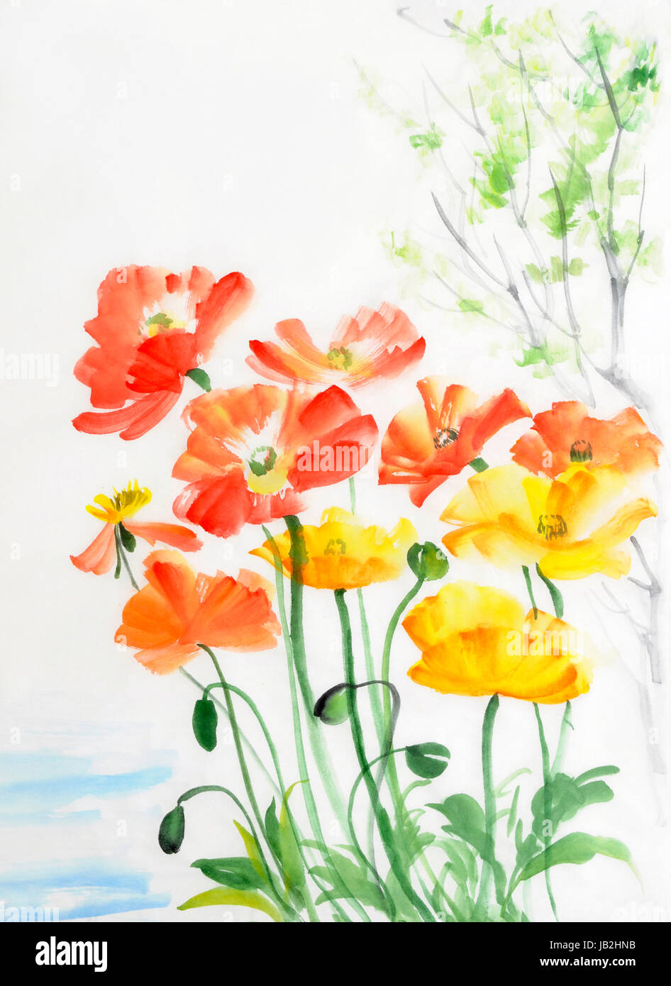 Watercolor painting of red and yellow poppies, original style painting ...