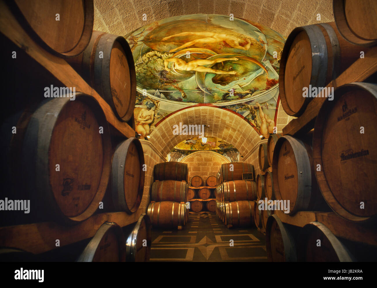 ITALIAN WINE Mastroberardino barrel ageing cellar featuring hand-painted frescoes combining the winery's ethos of art and fine wine Campania, Italy Stock Photo