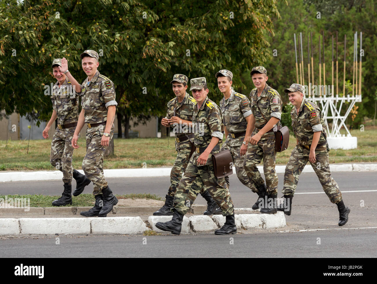 Bender, Moldova, soldiers on the road Stock Photo