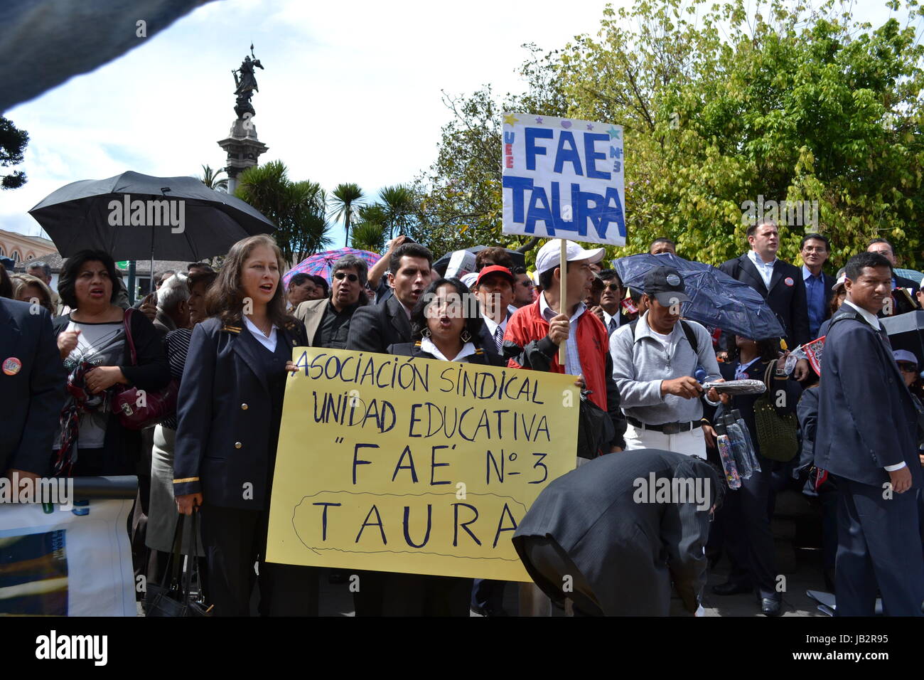 QUITO, ECUADOR - MAY 07, 2017: An unidentified people protest to get decent work with designation and not contract by Ecuadorian government. Stock Photo