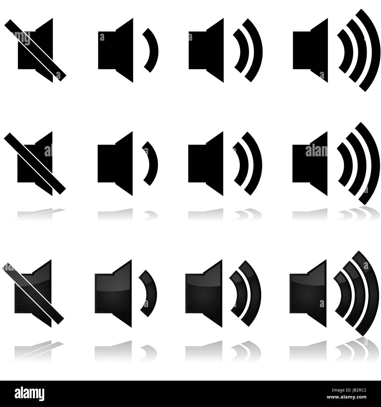 Icon set showing different volume levels for sound systems, computers, TVs... Stock Photo