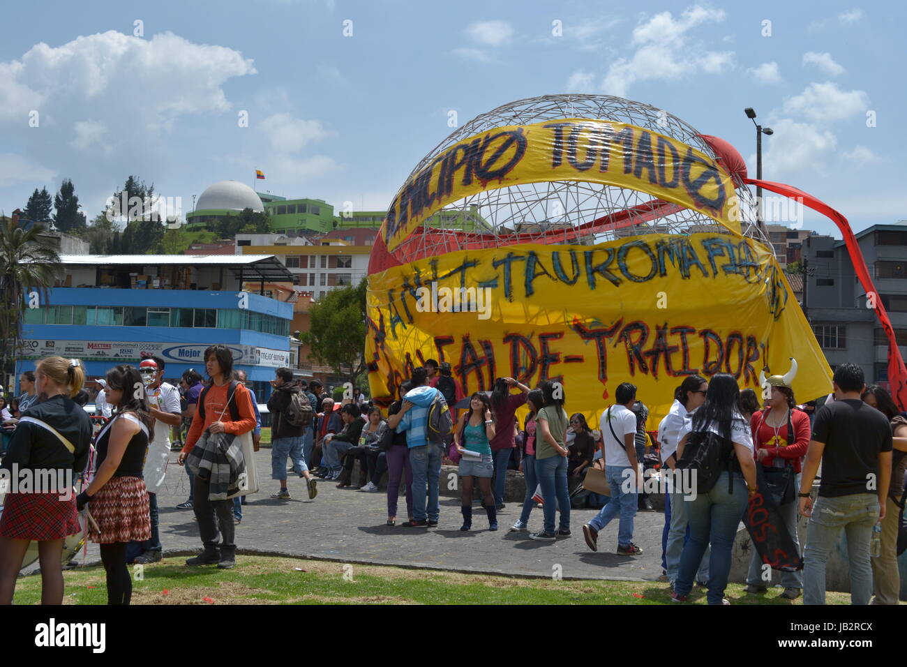 QUITO, ECUADOR - JANUARY 28, 2016: An unidentified people in quito ecuador, march protesters in an anti bullfightting in an arbolito park. Stock Photo