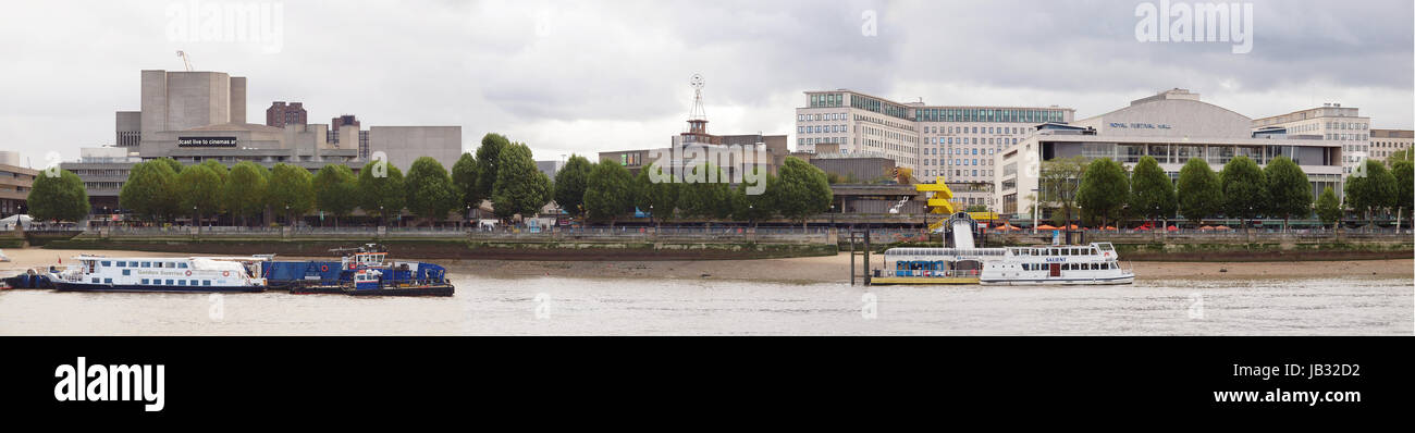 LONDON, UK - OCTOBER 23, 2013: Panoramic view of the South Bank Centre on River Thames with (left to right) the National Theatre, the Queen Elizabeth Hall and Purcell Room and the Royal Festival Hall Stock Photo