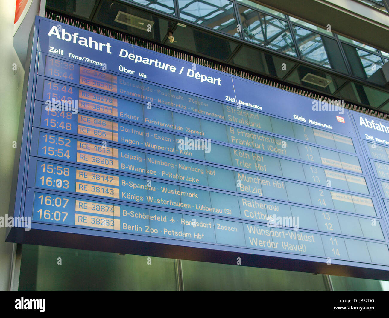 BERLIN, GERMANY - APRIL 25, 2010: Train departures timetable Berliner Hauptbahnhof (Central station) showing trains for Frankfurt, Koeln, Muenchen and other destinations Stock Photo -