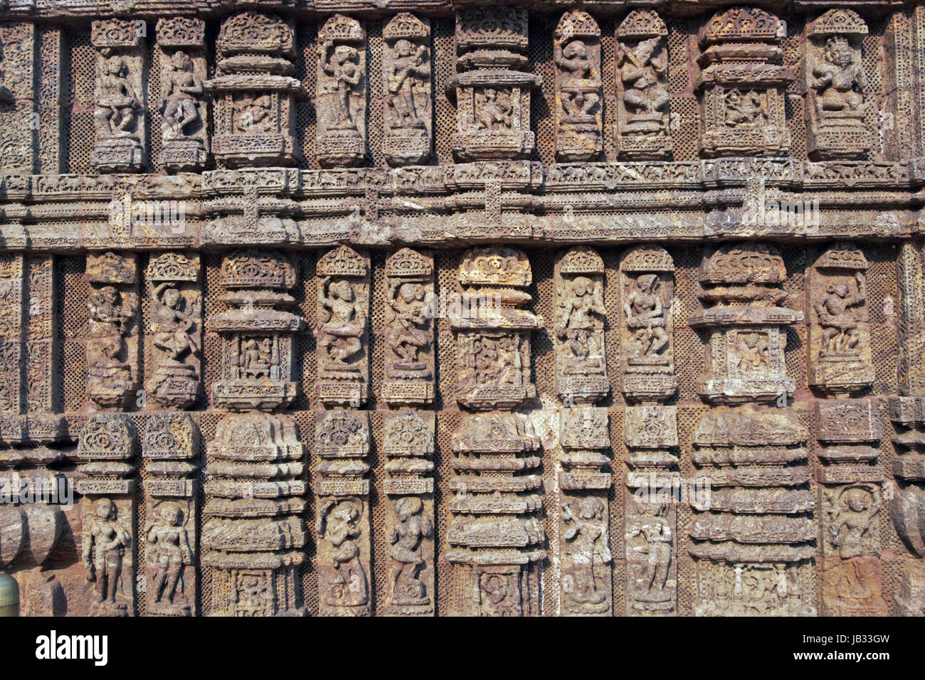 Detail of religious carvings decorating the ancient Surya Hindu Temple at Konark, Orissa, India. 13th Century AD Stock Photo