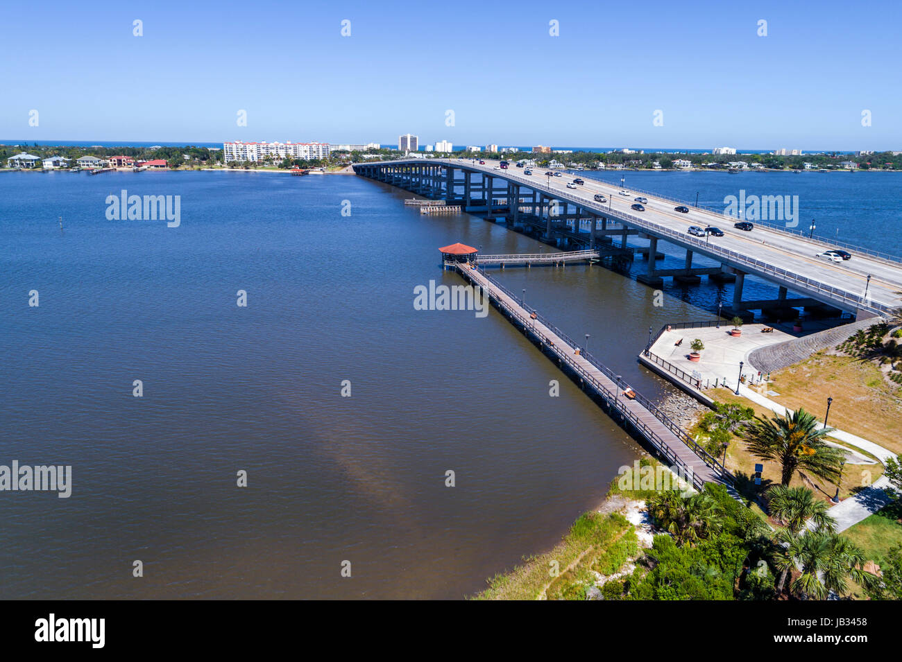 Florida Ormond Beach,Halifax River,Bailey Riverbridge Gardens,aerial overhead view from above,West Granada Boulevard Bridge,FL170510d01 Stock Photo
