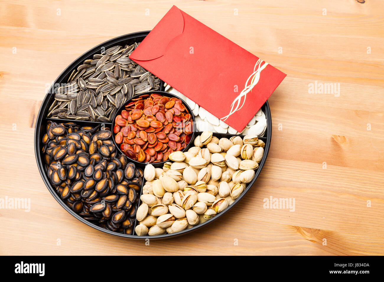 Assorted Chinese snack tray and red pocket for lunar new year Stock