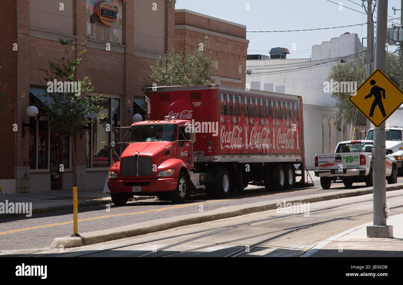 An American delivery truck delivering soft drinks in downtown Ebor