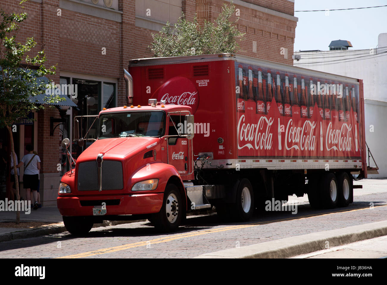 An American delivery truck delivering soft drinks in downtown Ebor