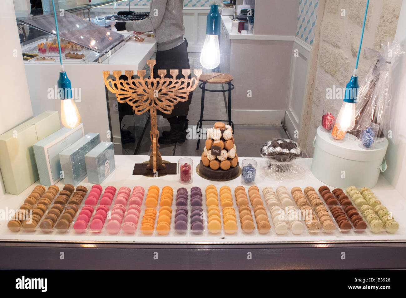 Macarons in the display window of a Jewish pastry shop in the Marais
