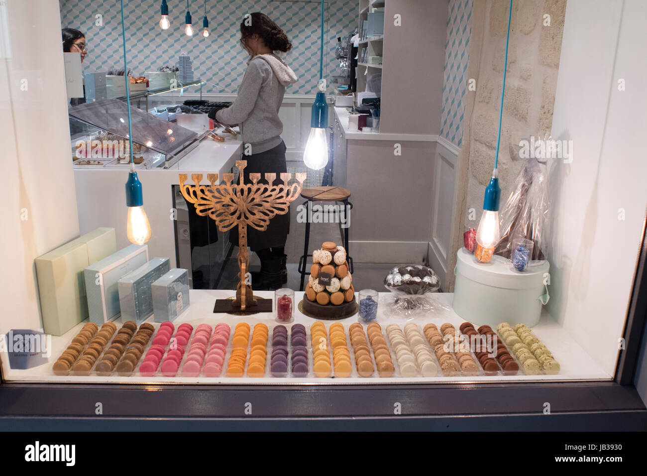 Macarons in the display window of a Jewish pastry shop in the Marais