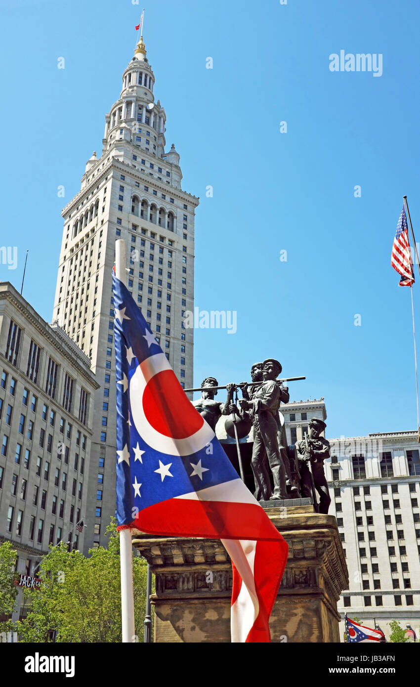 Downtown Cleveland, Ohio, USA is associated with iconic landmarks including the Terminal Tower and the Soldiers and Sailors monument on Public Square. Stock Photo