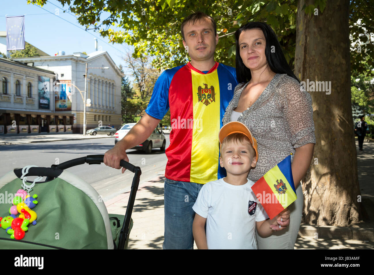 Chisinau, Moldova, family in Moldavian colors on Independence Day Stock Photo