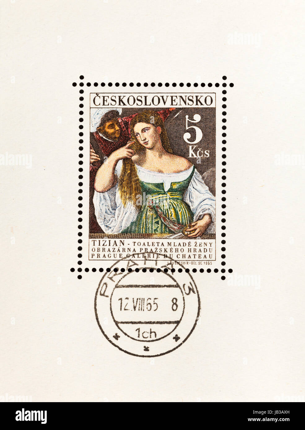 CZECHOSLOVAKIA - CIRCA 1965: A postage stamp printed in the Czechoslovakia shows Tiziano Vecellio (Titian) painting Portrait of young Woman at her Toilet from Prague Castle Picture Gallery, circa 1965 Stock Photo