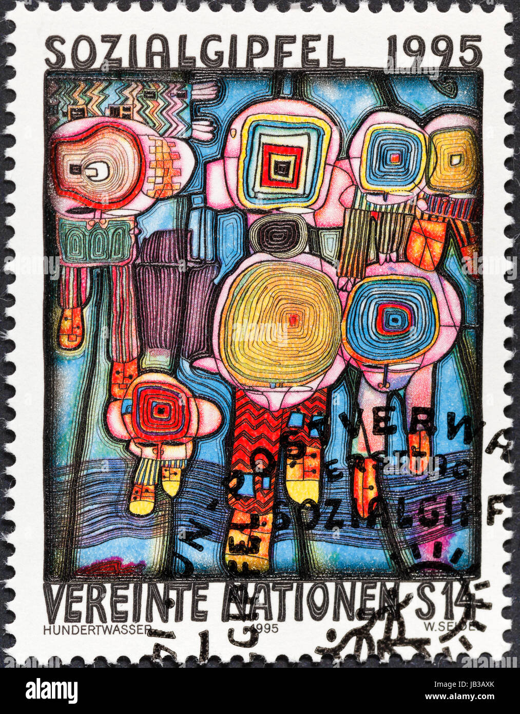 UNITED NATIONS - CIRCA 1995: A postage stamp printed by United Nations organisation for European Summit for Social Development shows Hundertwasser painting Human Rights, circa 1995 Stock Photo