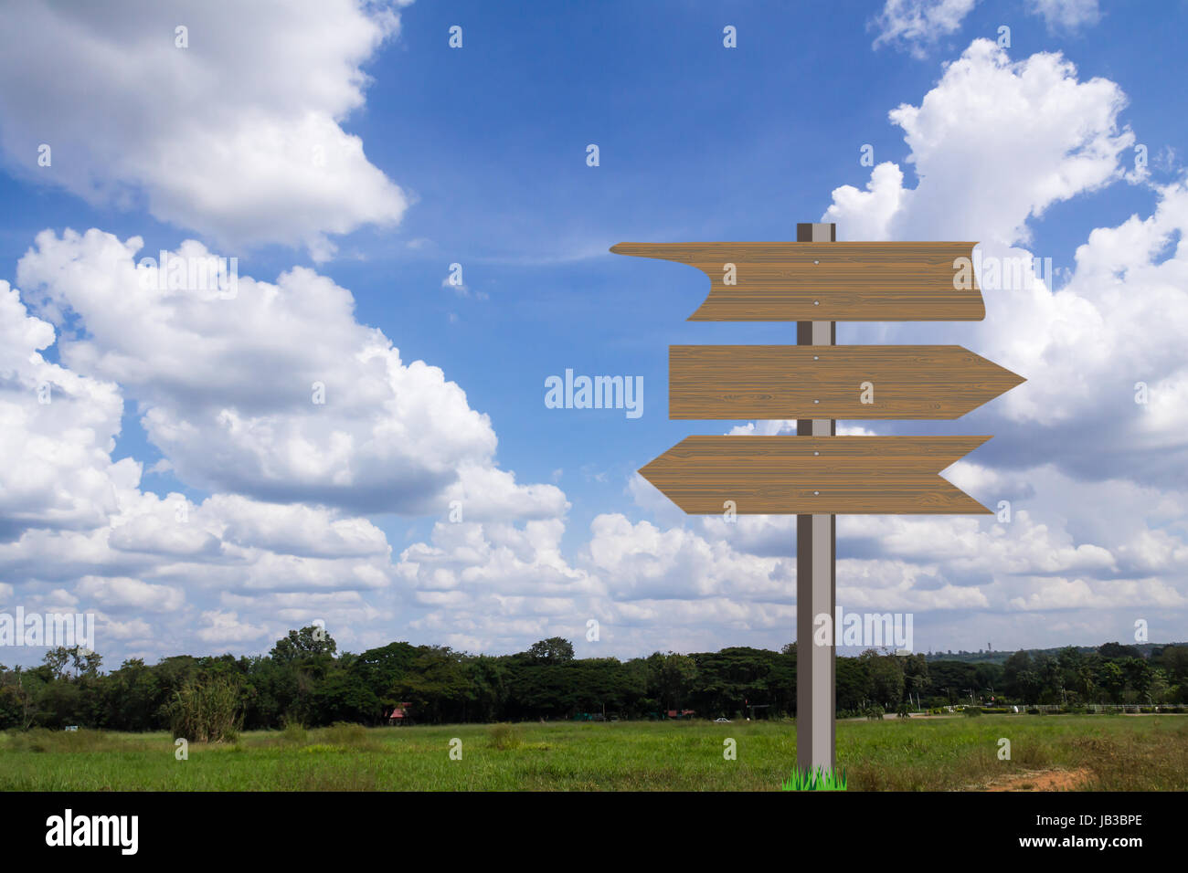 Blank wooden sign in green grass field over blue sky background Stock ...