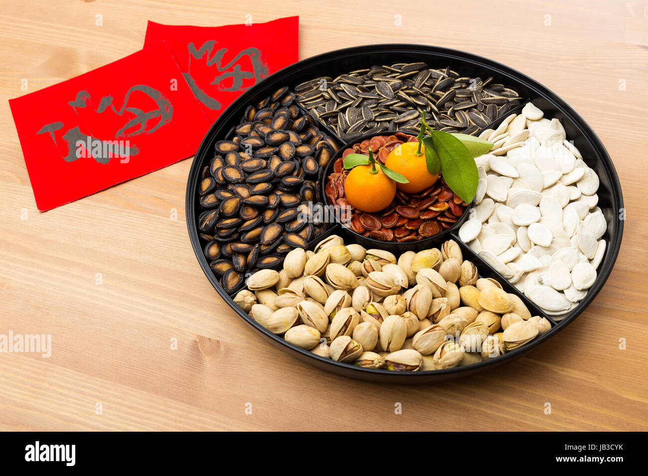 Lunar New Year Snack Tray And Chinese Calligraphy Meaning For Blessing Good Luck Stock Photo Alamy
