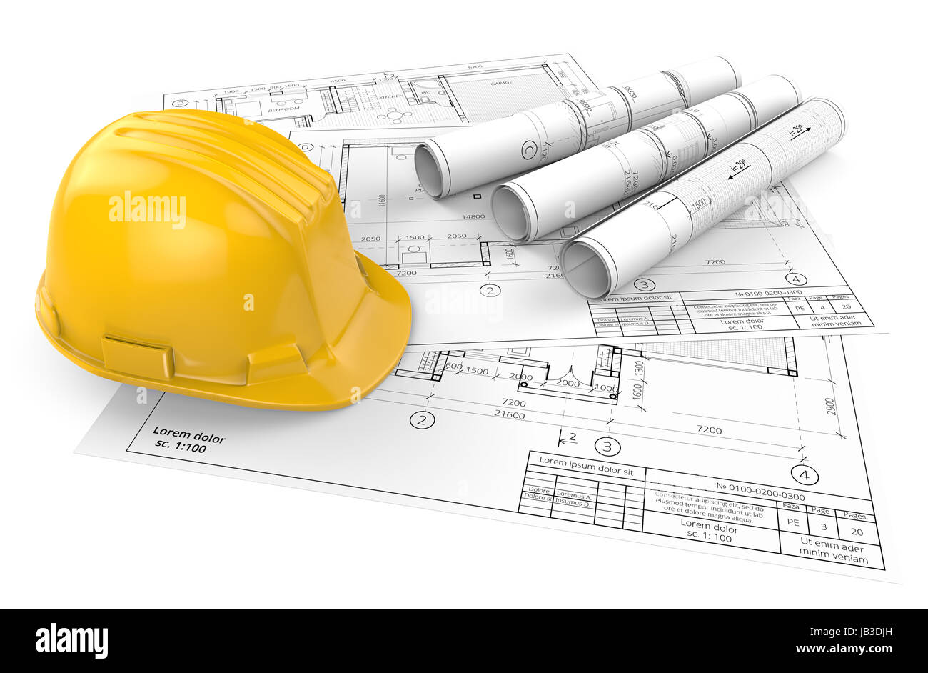 Yellow Hardhat on top of Generic Architectural blueprints, drawings and sketches. 3 Rolls.  3D render. Stock Photo