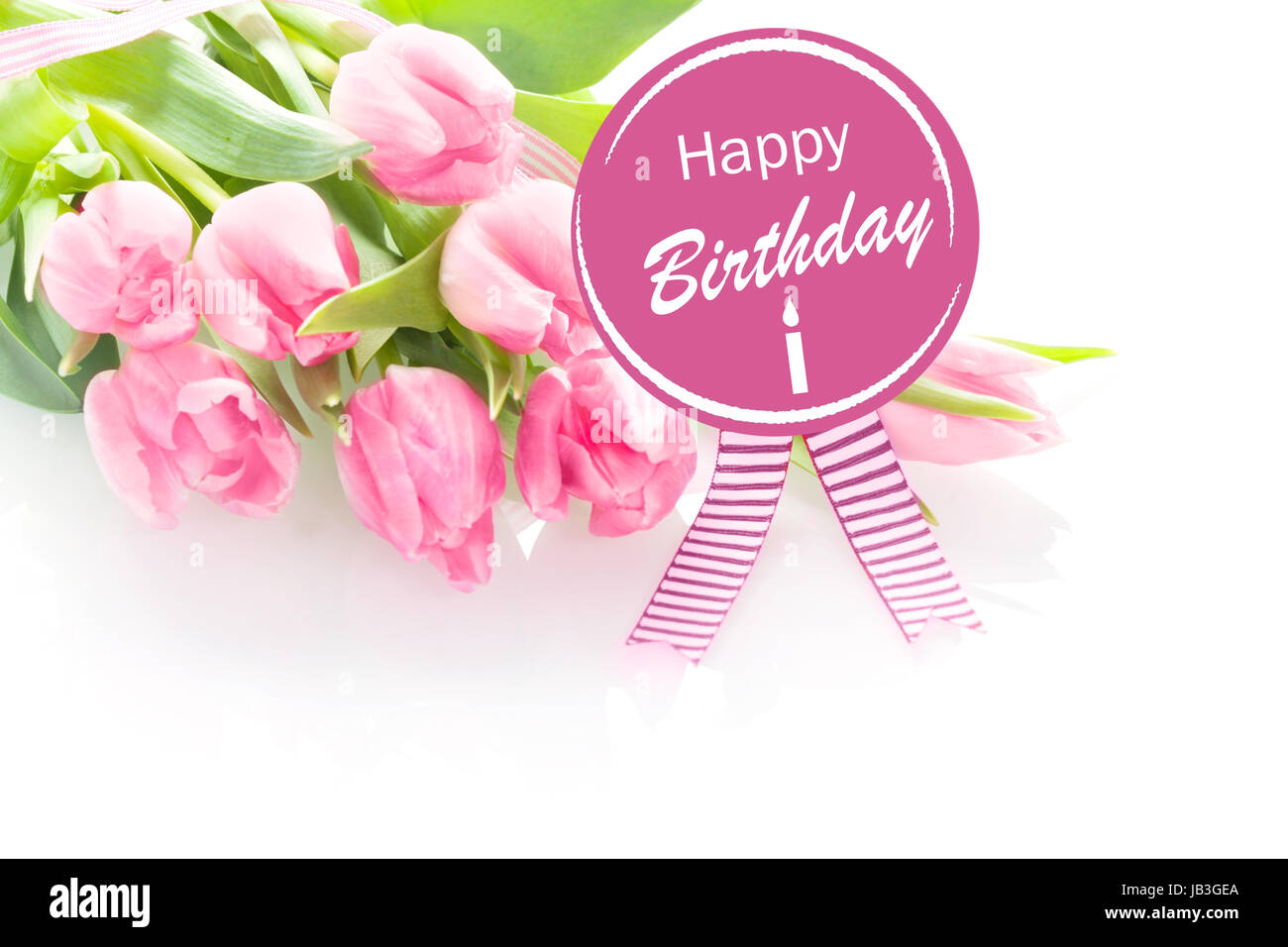 Bunch of beautiful fresh pink tulips with a Happy Birthday greeting ...