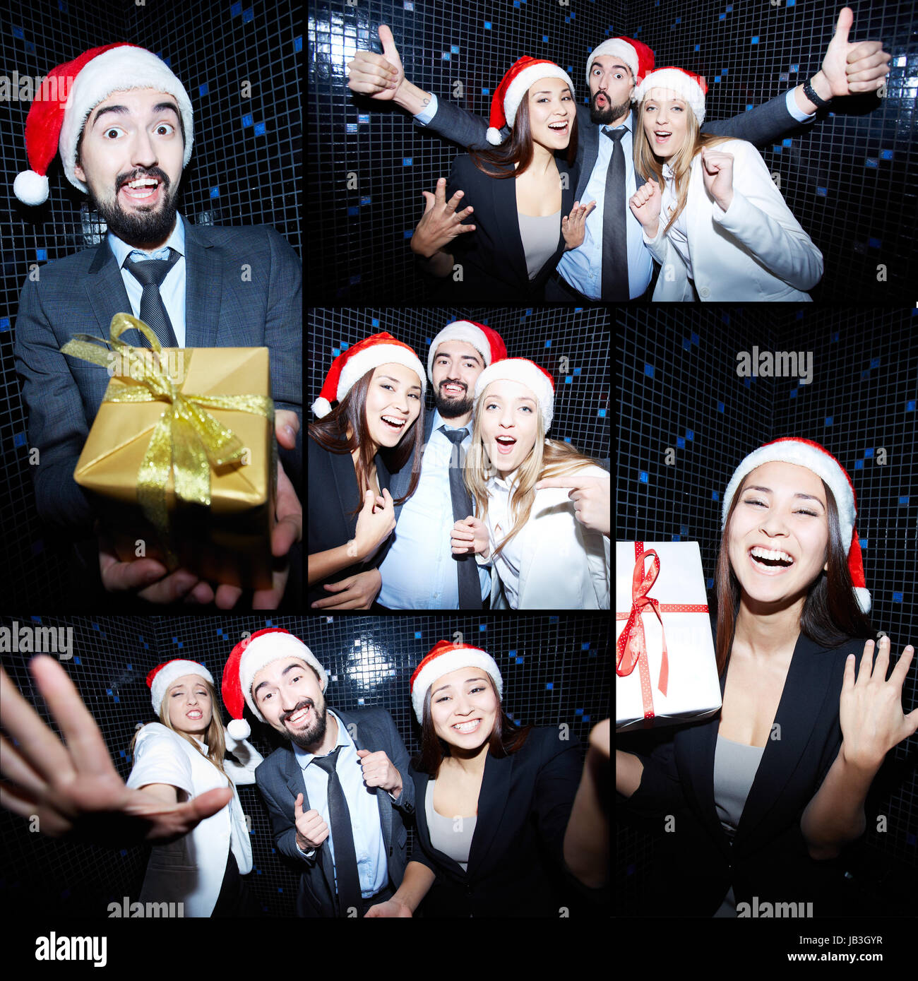 Collage of joyful colleagues in Santa caps having fun in nightclub ...
