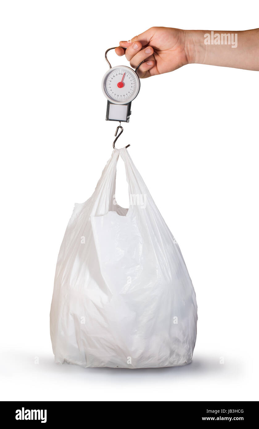 Weigh scales and bag white isolated Stock Photo Alamy