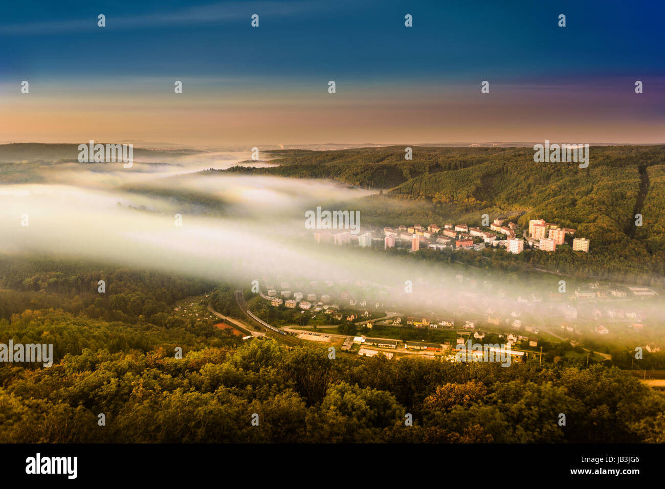 Aerial view of a foggy early morning in forrest Stock Photo - Alamy