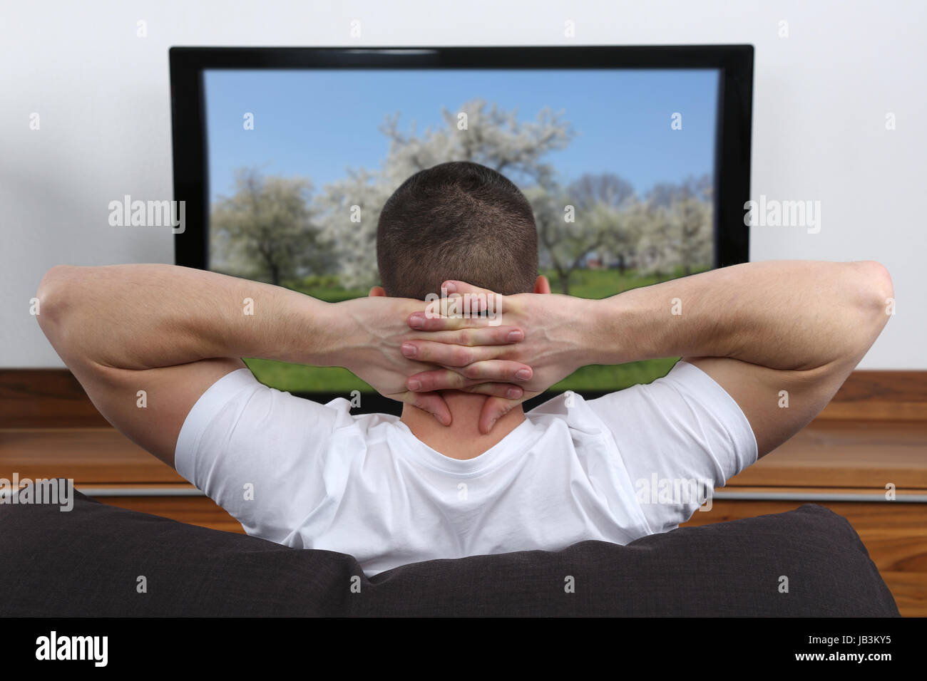 Junger Mann sitzt auf dem Sofa und schaut fernsehen Stock Photo