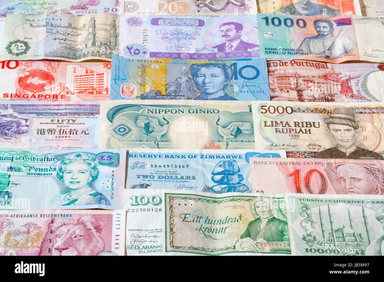collection of various currencies from countries around the world Stock Photo