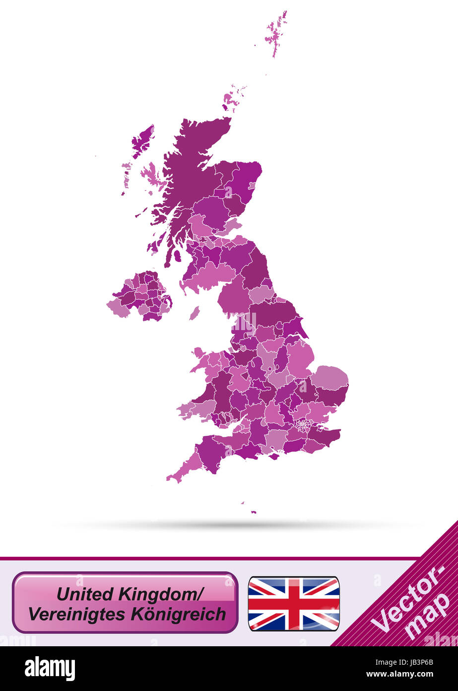 Vereinigtes Königreich in  Europa als Grenzkarte mit Grenzen in Violett. Durch die ansprechende Gestaltung fügt sich die Karte perfekt in Ihr Vorhaben ein. Stock Photo