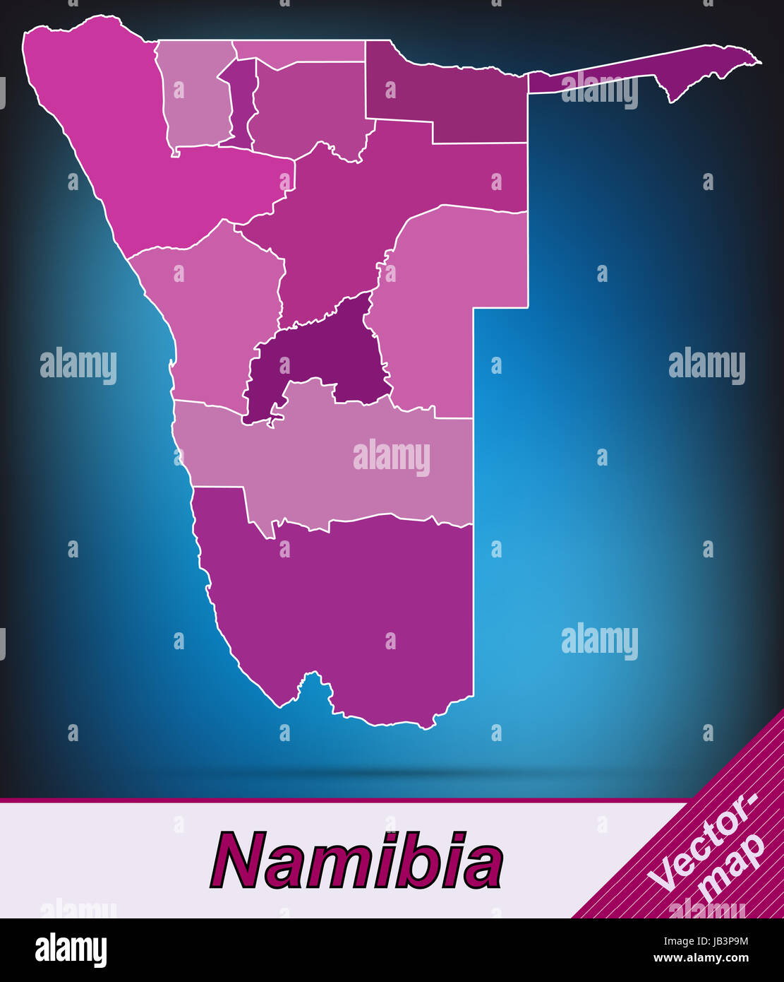 Namibia in  Afrika als Grenzkarte mit Grenzen in Violett. Durch die ansprechende Gestaltung fügt sich die Karte perfekt in Ihr Vorhaben ein. Stock Photo