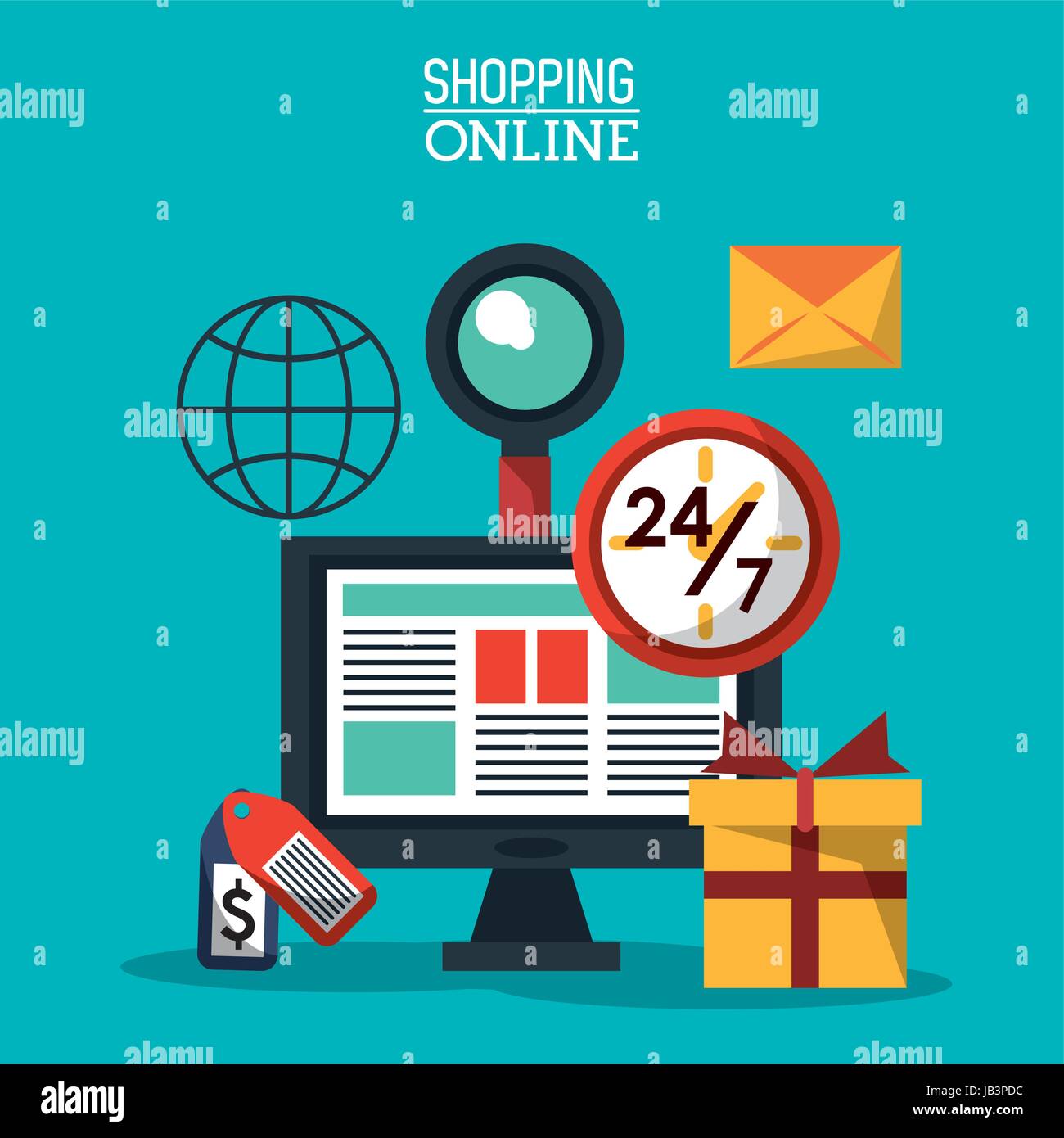 colorful poster shopping online with desktop computer and icons for