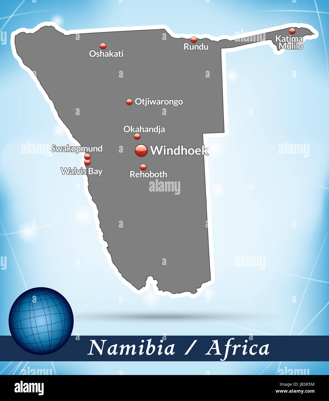 Namibia in  Afrika als Inselkarte mit abstraktem Hintergrund  in Blau. Durch die ansprechende Gestaltung fügt sich die Karte perfekt in Ihr Vorhaben ein. Stock Photo