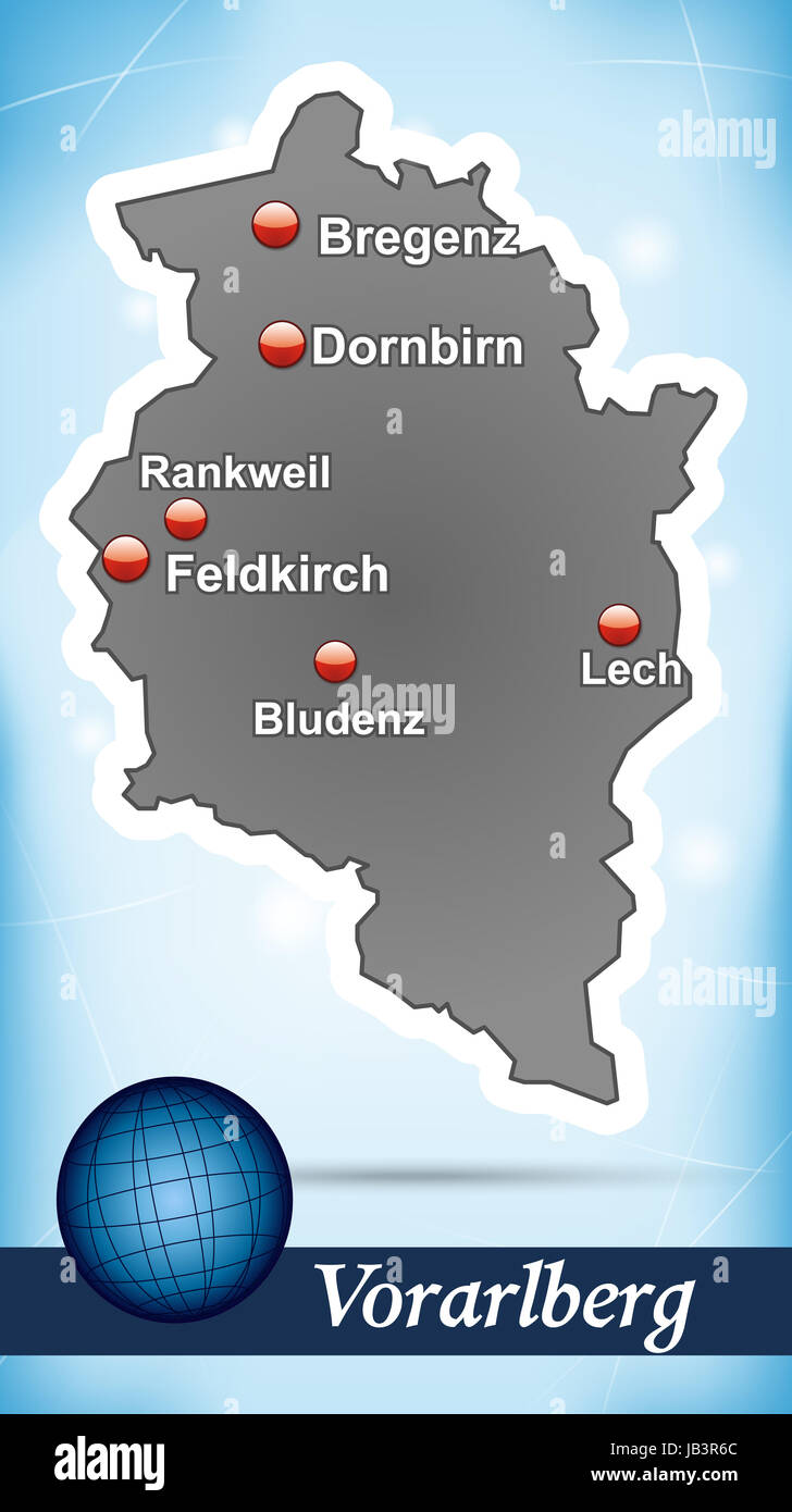 Vorarlberg Oesterreich als Inselkarte mit abstraktem Hintergrund  in Blau. Durch die ansprechende Gestaltung fügt sich die Karte perfekt in Ihr Vorhaben ein. Stock Photo