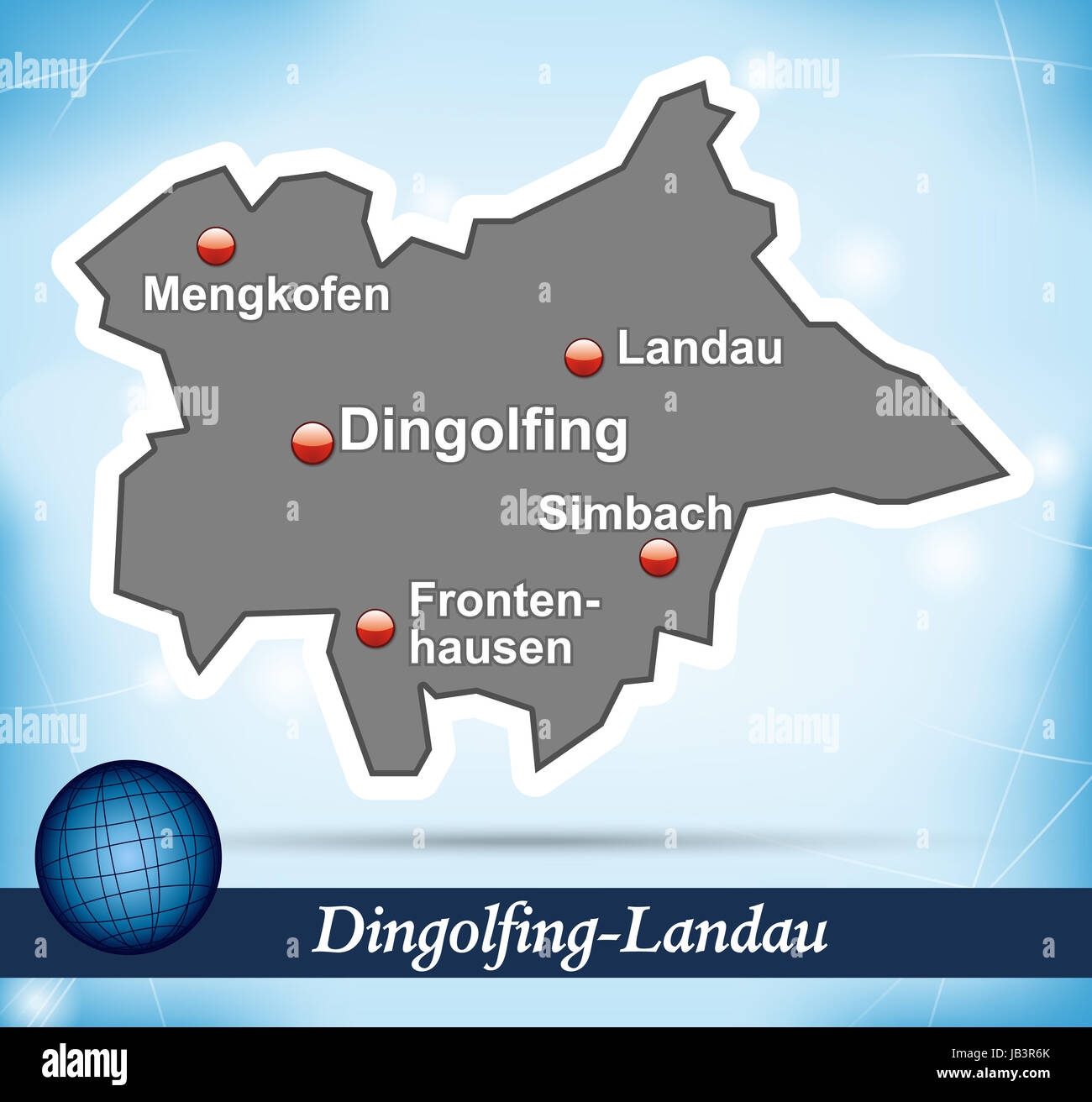 Dingolfing-Landau in Bayern als Inselkarte mit abstraktem Hintergrund in Blau. Durch die 