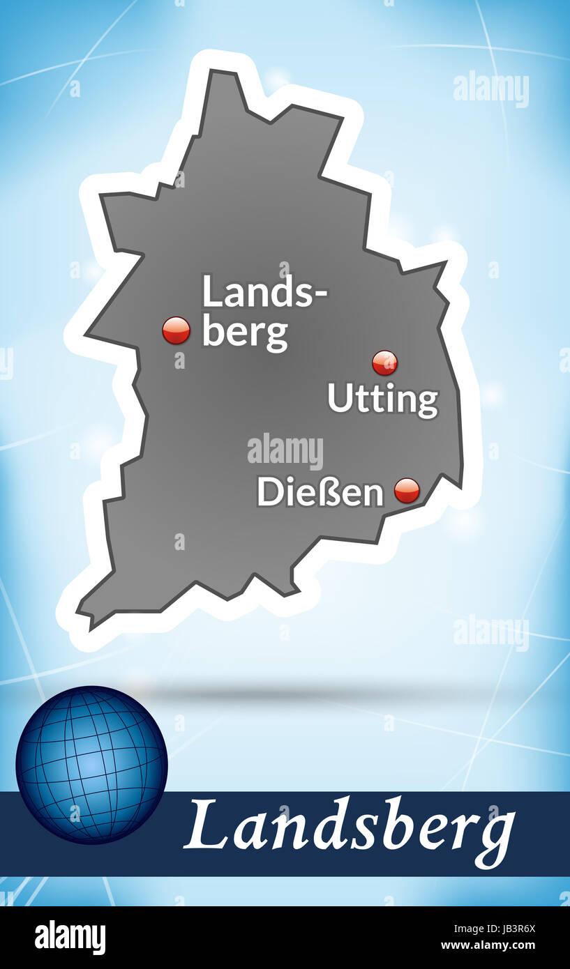Landsberg in Bayern als Inselkarte mit abstraktem Hintergrund  in Blau. Durch die ansprechende Gestaltung fügt sich die Karte perfekt in Ihr Vorhaben ein. Stock Photo