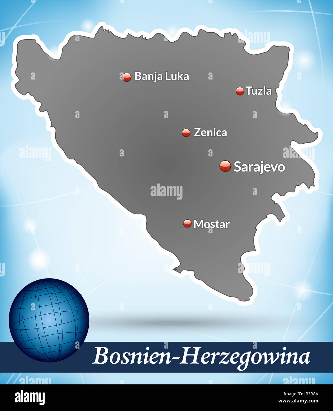 Bosnien und Herzegowina in Europa als Inselkarte mit abstraktem Hintergrund in Blau. Durch die 