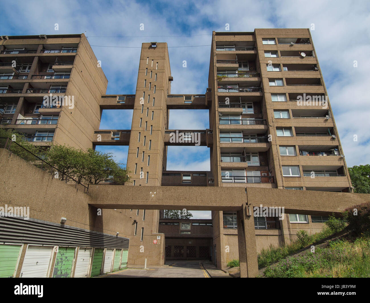 LONDON, ENGLAND, UK - JUNE 20, 2011: The Balfron Tower designed by Erno Goldfinger in 1963 is a Grade II listed masterpiece of new brutalist architecture Stock Photo