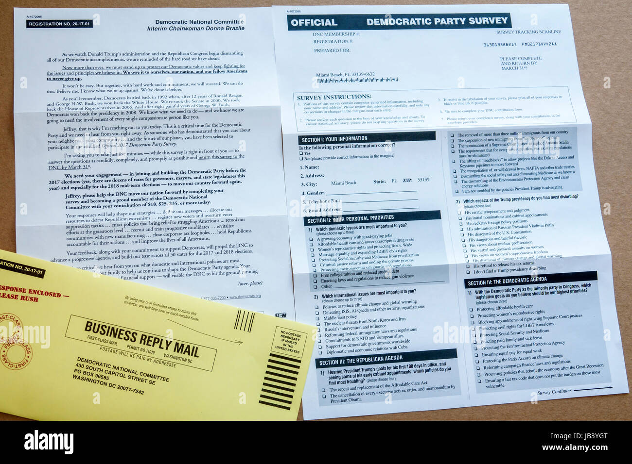 Miami Beach Florida,Democratic National Committee,DNC,political party,form,survey,prepaid envelope,FL170401054 Stock Photo
