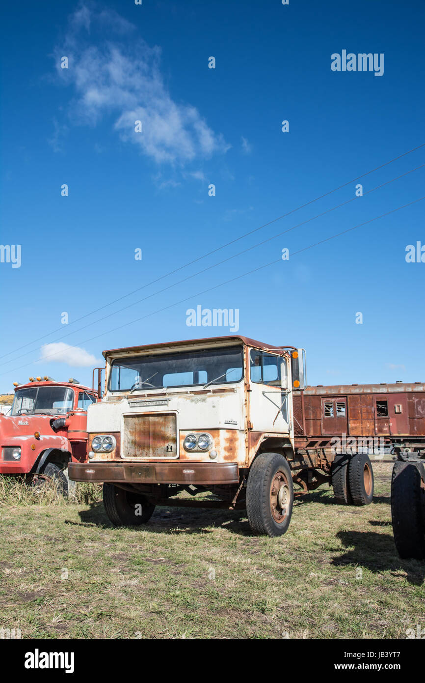Derelict International Harvester AACO 170 Series Truck in a vehicle Graveyard. Stock Photo