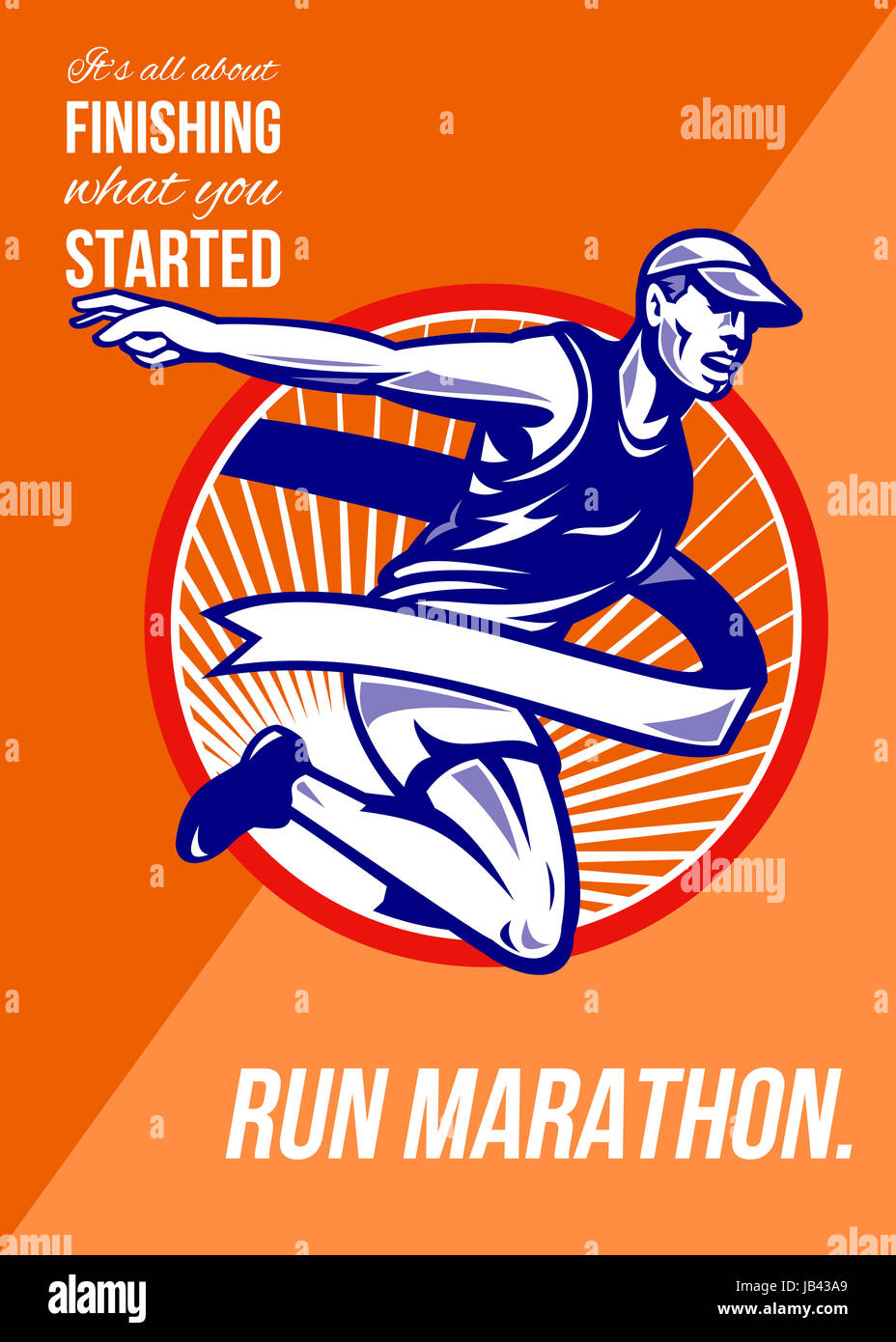 Poster greeting card illustration showing a male athlete marathon runner running with finish line ribbon tape set inside circle done in retro style with words Marathon, it's all about finishing what you started. Stock Photo