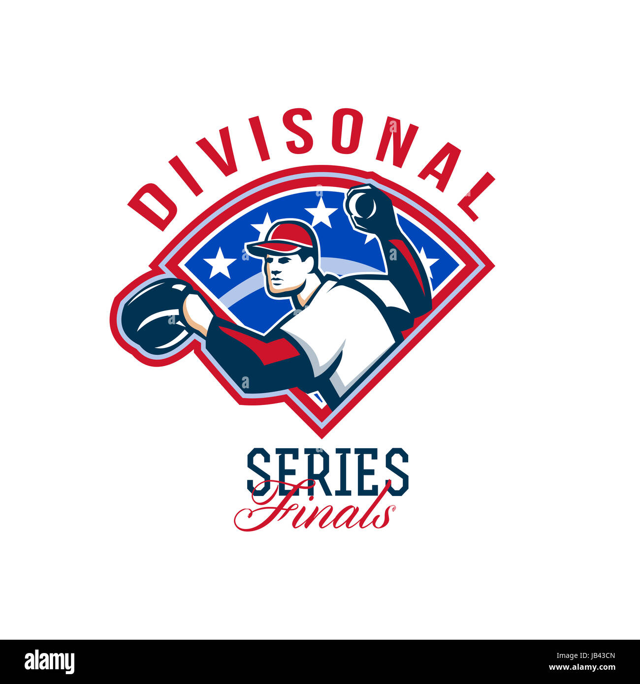 Illustration of a american baseball player pitcher outfielder throwing ball with words Divisional Series Finals. Stock Photo