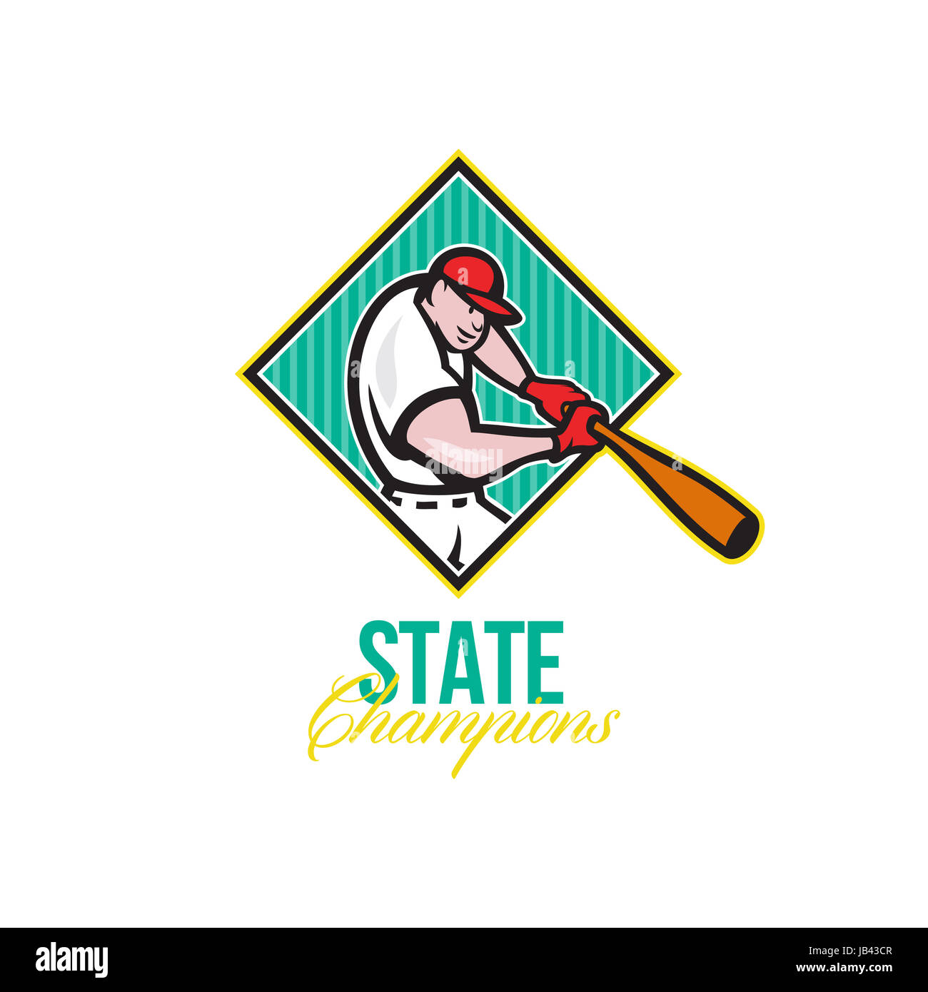 Illustration of a american baseball player batter hitter batting with bat inside diamond shape done in cartoon style with words State Champions. Stock Photo