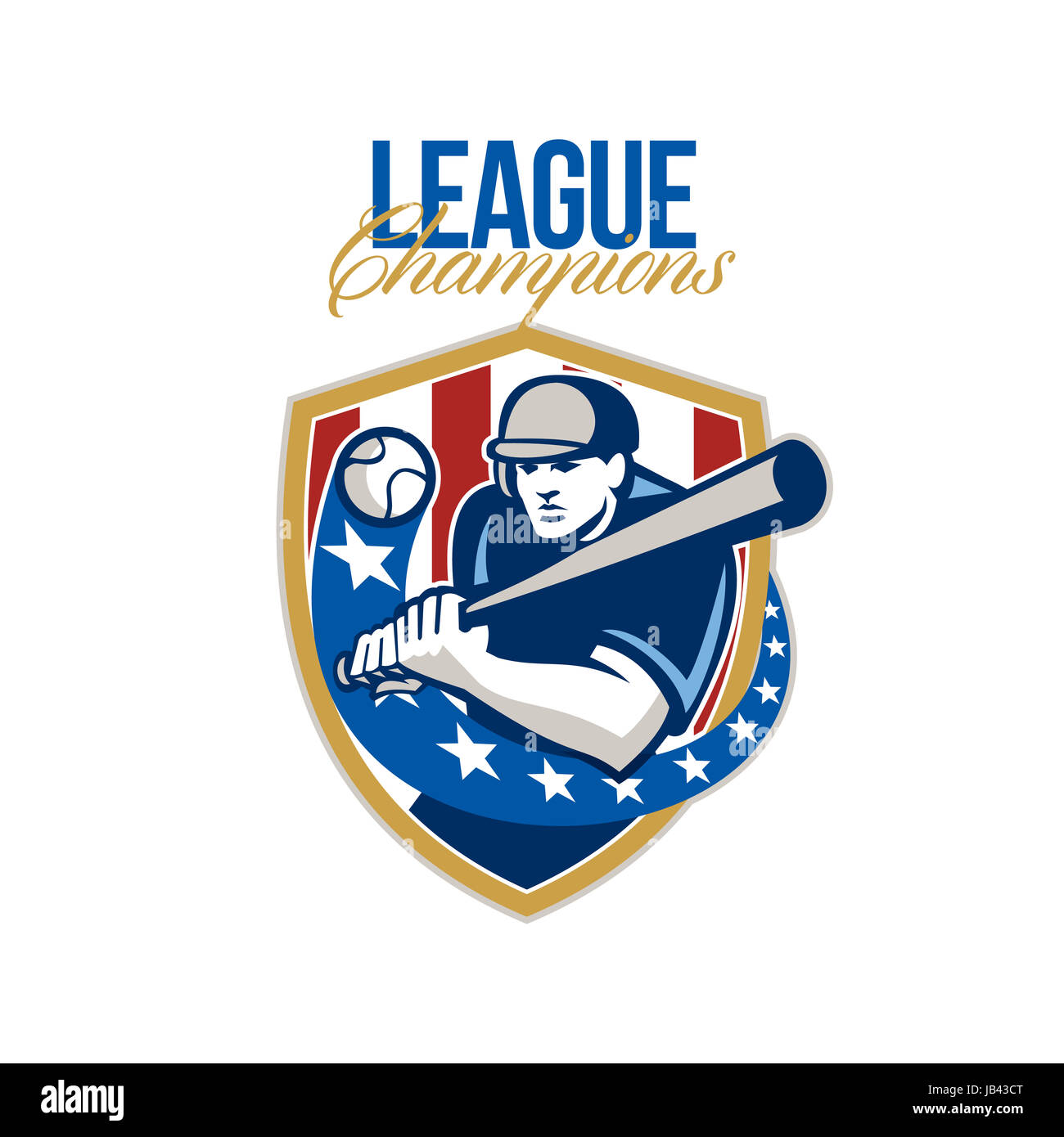 Illustration of a american baseball player batter hitter holding bat batting set inside crest shield shape with stars and stripes done in retro style with words League Champions. Stock Photo