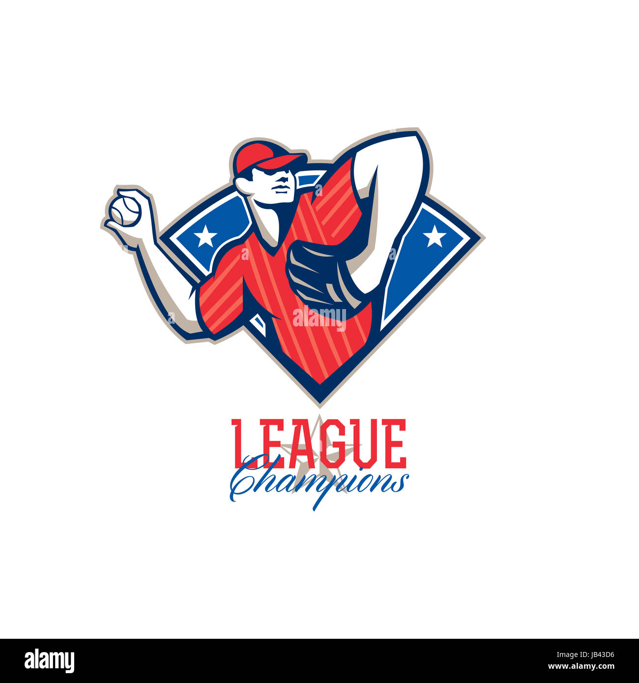 Illustration of a american baseball player pitcher outfielder throwing ball with words League Champions. Stock Photo
