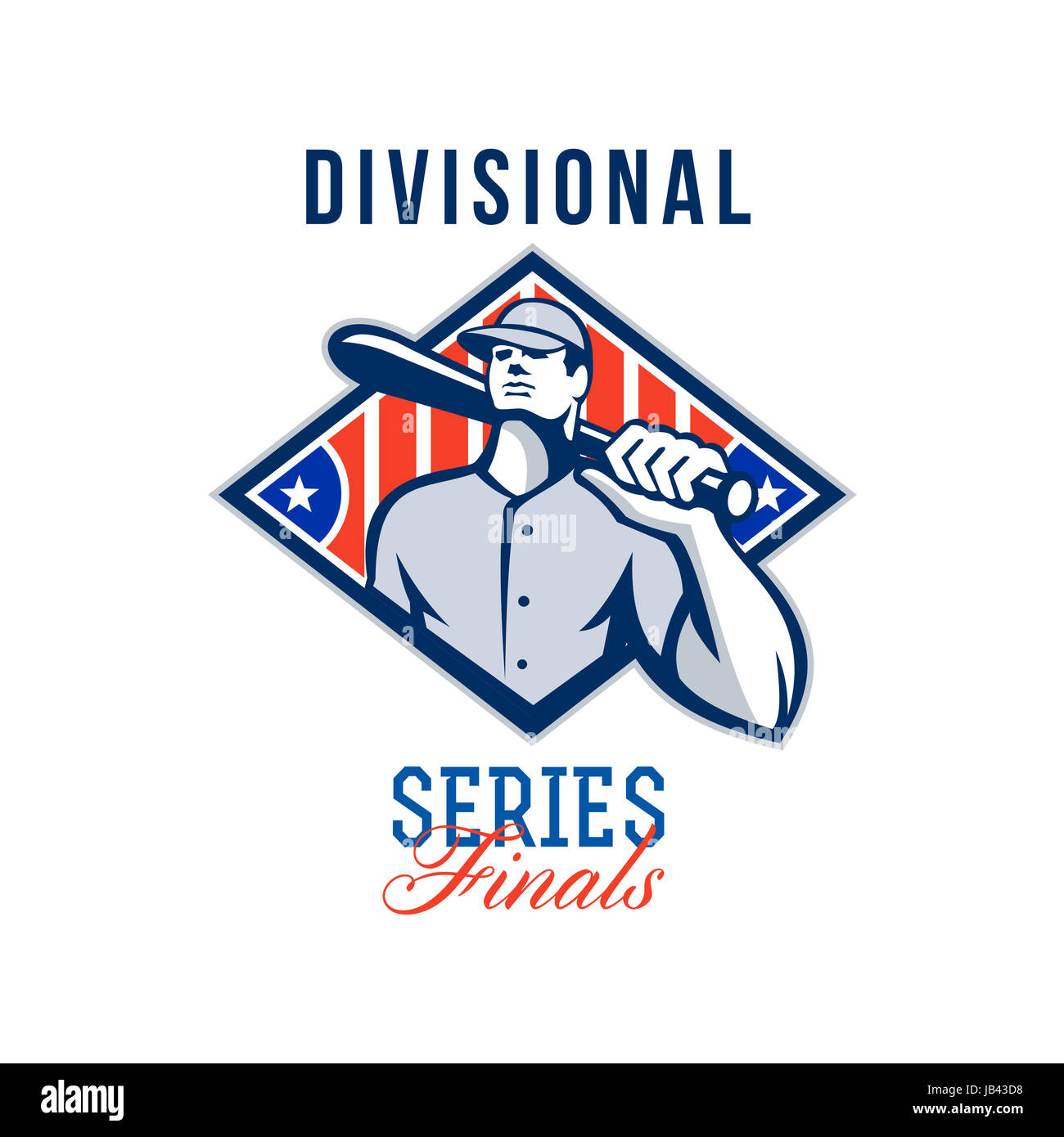 Illustration of a american baseball player batter hitter holding bat on shoulder set inside diamond shape with stars and stripes done in retro style with words Divisional Series Finals. Stock Photo