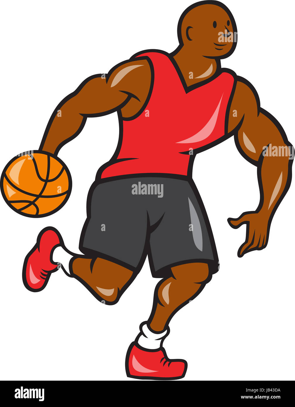 Illustration of a basketball player dribbling ball on isolated white background done in cartoon style. Stock Photo