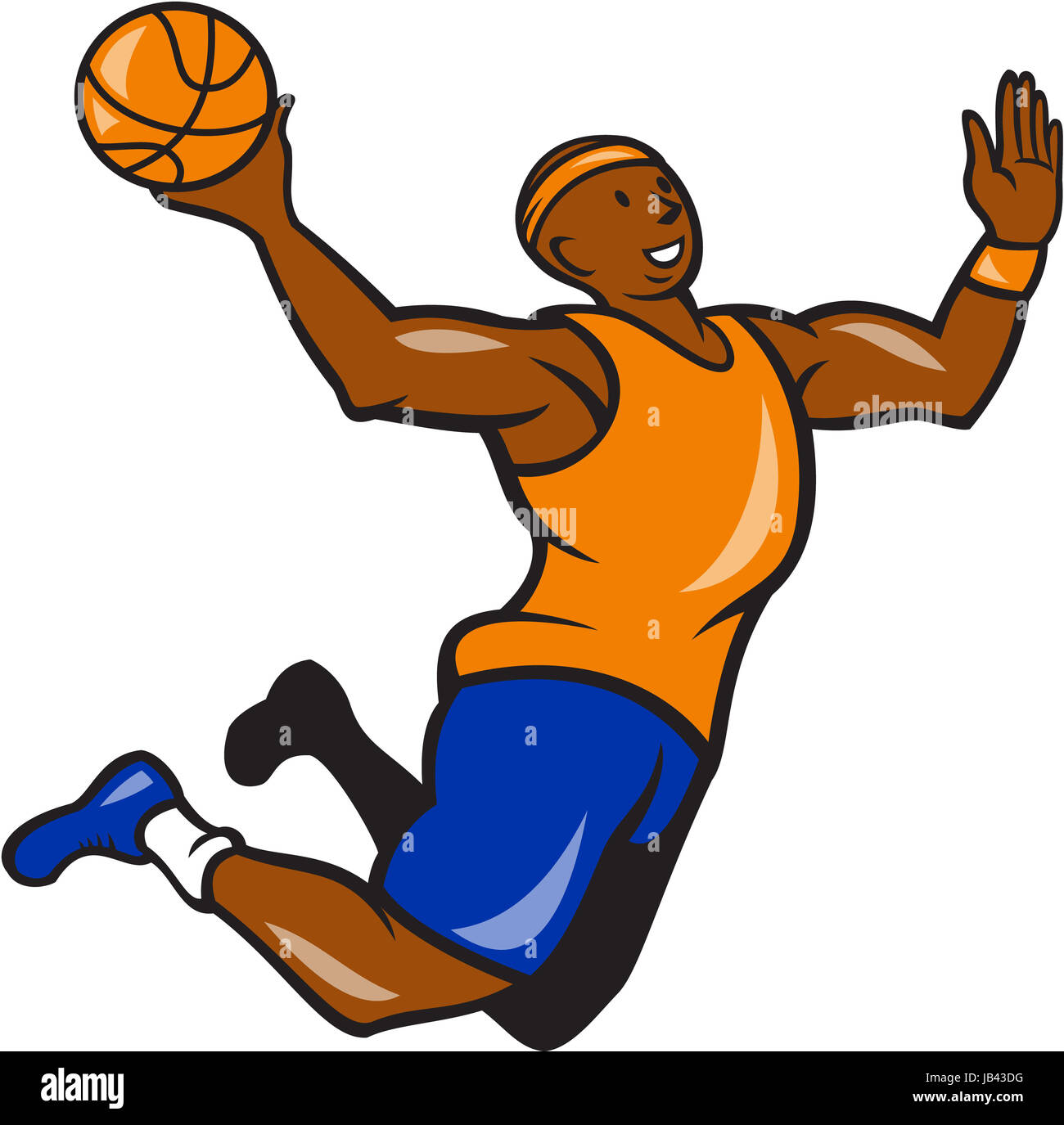 Illustration of a basketball player dunking rebounding lay up ball set isolated white background done in cartoon style. Stock Photo